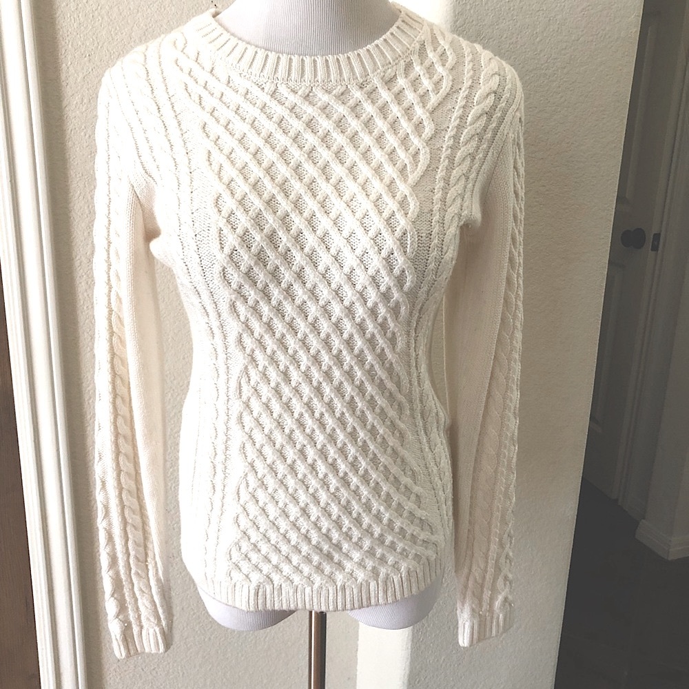 Fishermans Cable Knit Sweater Beachy Preppy Creme Crew Neck Small Viscose Coast - Picture 9 of 9